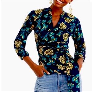 J. Crew Floral Wrap Blouse - Navy and Gold, Size S